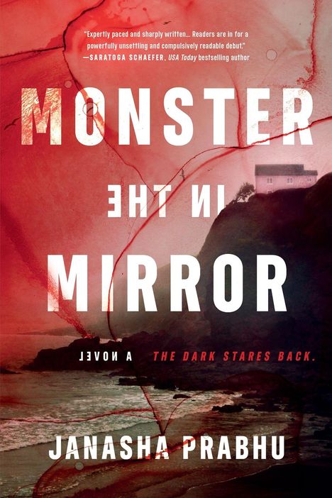 "Monster in the Mirror", "A Novel", "The Dark Stares Back", "Janasha Prabhu". Roter Hintergrund mit Küstenszene.