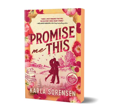 Text: "PROMISE me THIS." Eine Illustration zeigt ein Paar, das sich umarmt, umgeben von Blumenmotiven.