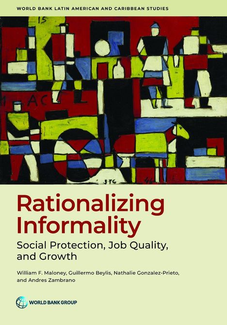 "Rationalizing Informality: Social Protection, Job Quality, and Growth". Kunstwerk mit abstrakten Formen und Figuren. Logo unten.
