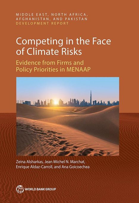"Competing in the Face of Climate Risks" zeigt Wüstenlandschaft mit Skyline im Hintergrund. Autoren: Zeina Alsharkas, Jean Michel N. Marchat.