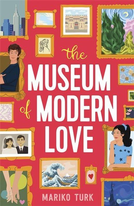 "The Museum of Modern Love" von Mariko Turk. Illustrationen von Gemälden und Personen in Bilderrahmen auf rotem Hintergrund.