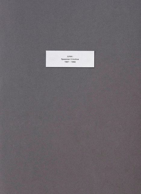 Text: "JUNK: Spacemen 3 Archive 1987 - 1990". Grauer Hintergrund mit einem weißen Rechteck in der Mitte.