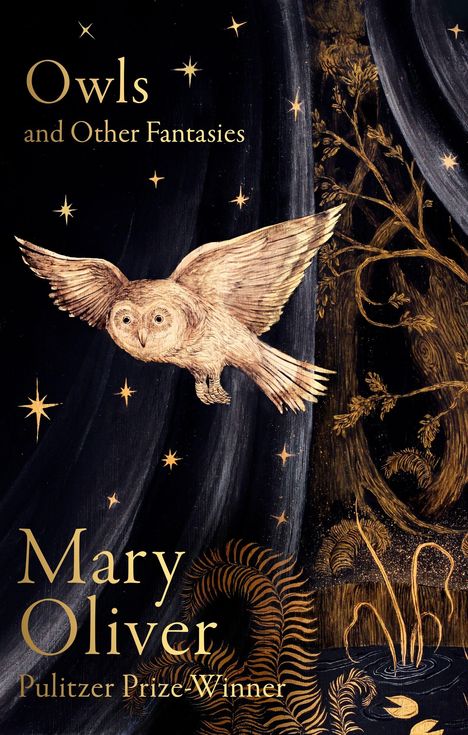 "Owls and Other Fantasies", "Mary Oliver", "Pulitzer Prize Winner". Illustration einer Eule im Nachthimmel mit Sternen und Bäumen.
