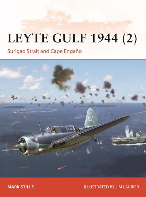 "LEYTE GULF 1944 (2), Surigao Strait and Cape Engaño". Kriegsflugzeug im Luftkampf über Meer, Schiff am Horizont.