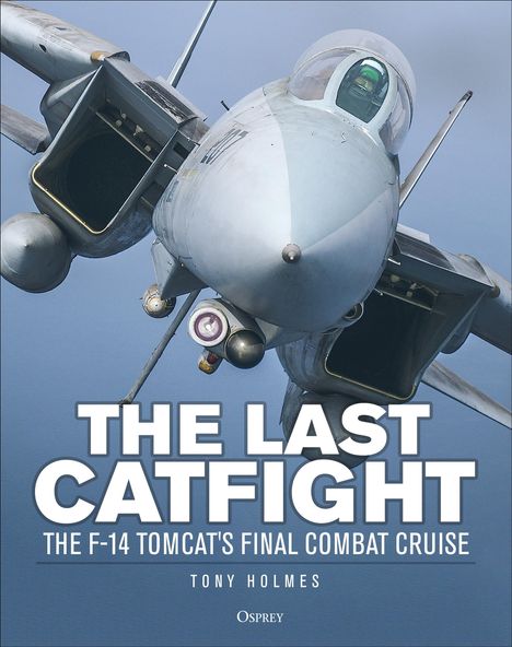 "THE LAST CATFIGHT. THE F-14 TOMCAT'S FINAL COMBAT CRUISE." Ein Kampfjetkopf aus nächster Nähe vor blauem Himmel.