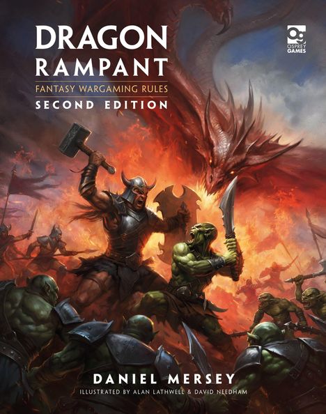 "DRAGON RAMPANT" in großer Schrift. Eine Fantasy-Kampfszene, wo ein Krieger gegen grüne Kreaturen kämpft, ein Drache dahinter.
