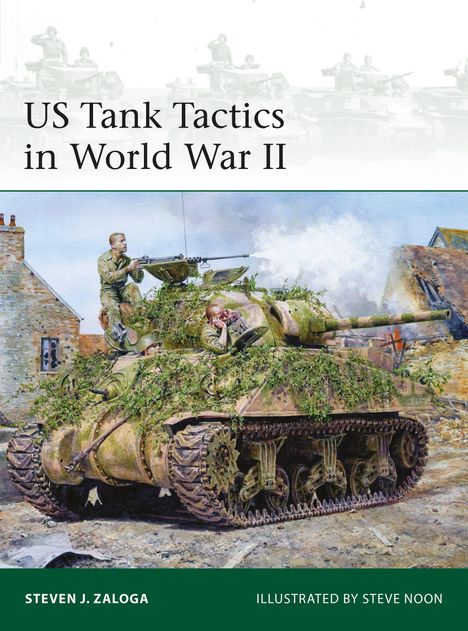 Buchtitel: "US Tank Tactics in World War II". Illustration von Panzern und Soldaten im Kriegsszenario.