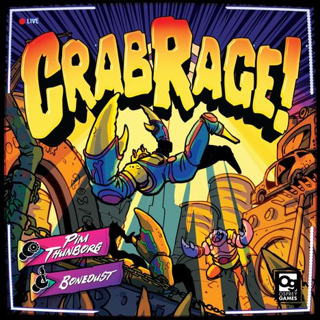 "CRABRAGE!" in großen Buchstaben. Darunter kriegerische Krabben in einer bunten Stadtszene, stilisierte Illustration.