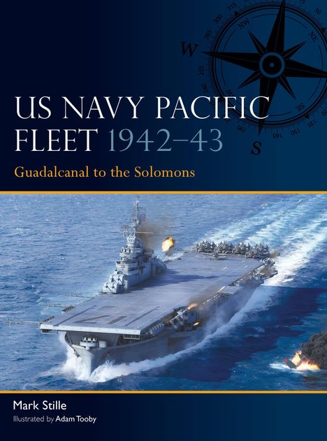 Text: "US Navy Pacific Fleet 1942-43, Guadalcanal to the Solomons." Illustration: Flugzeugträger auf See.
