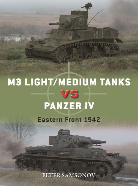 „M3 Tank vs Panzer IV, Eastern Front 1942“ stehend zwischen zwei Panzern auf einer Wiese.