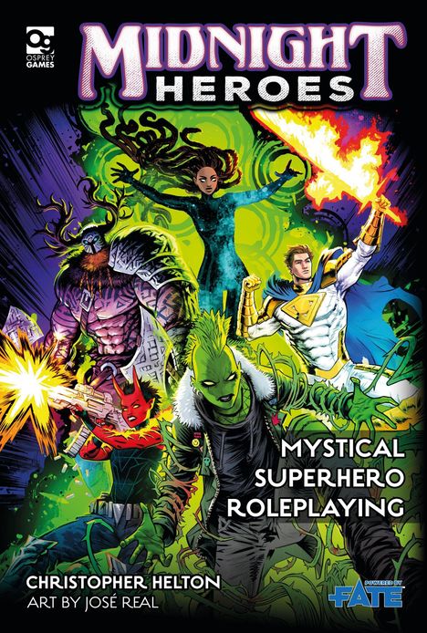"MIDNIGHT HEROES", "MYSTICAL SUPERHERO ROLEPLAYING". Bunte Figuren mit Superkräften und dynamischen Posen.