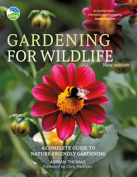 "Gardening for Wildlife" steht in großer Schrift über einem Foto einer rot-blühenden Blume mit einer Biene darauf.