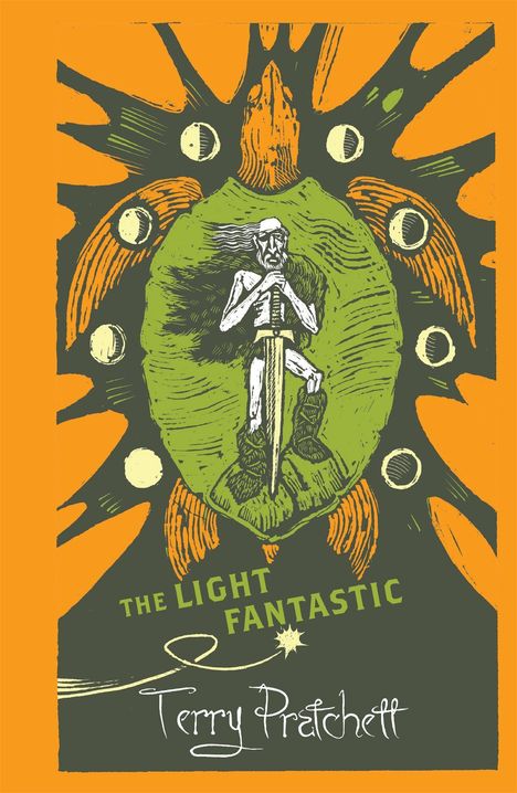 "The Light Fantastic" und "Terry Pratchett". Illustration: Ein Skelett in Rüstung auf einer Schildkröte vor orangenem Hintergrund.