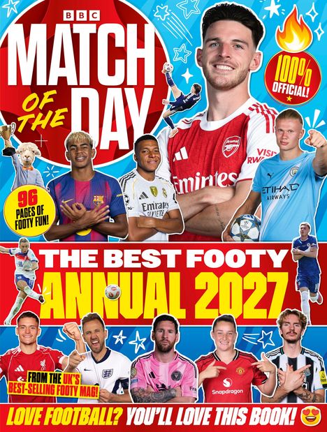"Match of the Day", "The Best Footy Annual 2027", "Love Football? You'll Love This Book!". Sportler in Fußballtrikots.