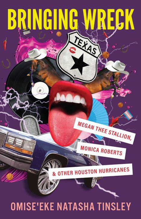 „BRINGING WRECK“ in großen Buchstaben, darunter „Megan Thee Stallion, Monica Roberts & Other Houston Hurricanes“. Collage-Stil.