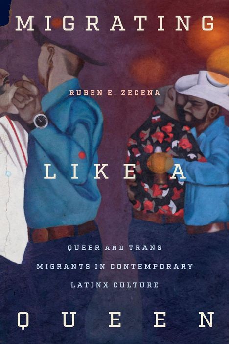 „Migrating Like A Queen“ von Ruben E. Zecena. Zwei Paare tanzen eng umschlungen, bunt und ausdrucksstark gekleidet.