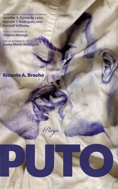 Auf einem beigen Hintergrund steht in großen blauen Buchstaben "Puto". Darunter sind zwei Gesichter gezeichnet.