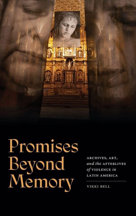 "Promises Beyond Memory" von Vikki Bell. Illustration einer Kirche mit großen Porträts und einem goldenen Altar.