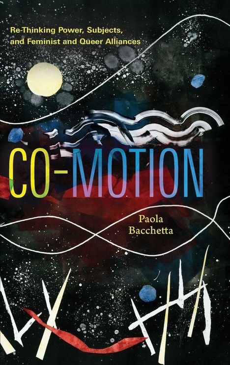 "Re-Thinking Power... Alliances", "CO-MOTION", "Paola Bacchetta"; abstrakte Kunst mit bunten Linien und Formen.