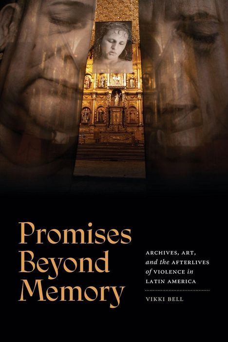 „Promises Beyond Memory“ von Vikki Bell. Kunstvoller Kirchenaltar mit überlagerten Porträt-Illustrationen.