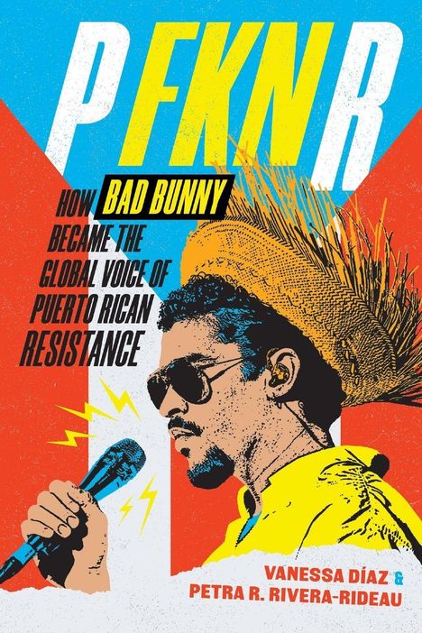PKNR, Bad Bunny: How he became the global voice of Puerto Rican resistance. Illustration von Bad Bunny mit Mikrofon.