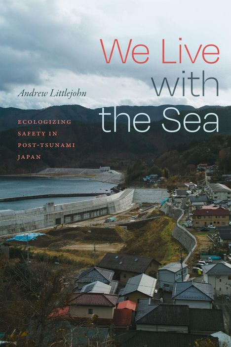 „We Live with the Sea“, Andrew Littlejohn. Landschaft mit Meer, Küstenschutzmauer und Siedlung.