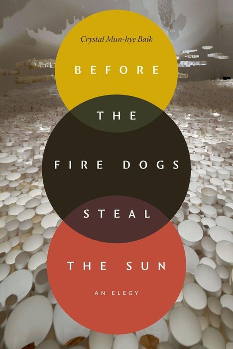 Text: "Before the Fire Dogs Steal the Sun." Dahinter weiße Zylinder, die wie eine Installation wirken.