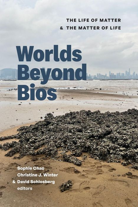 „Worlds Beyond Bios“, „The Life of Matter & The Matter of Life“, Sophie Chao, Christine J. Winter, David Schlosberg (Hrsg.). Im Vordergrund Strand mit Muschelhaufen, im Hintergrund Skyline bei bewölktem Himmel.