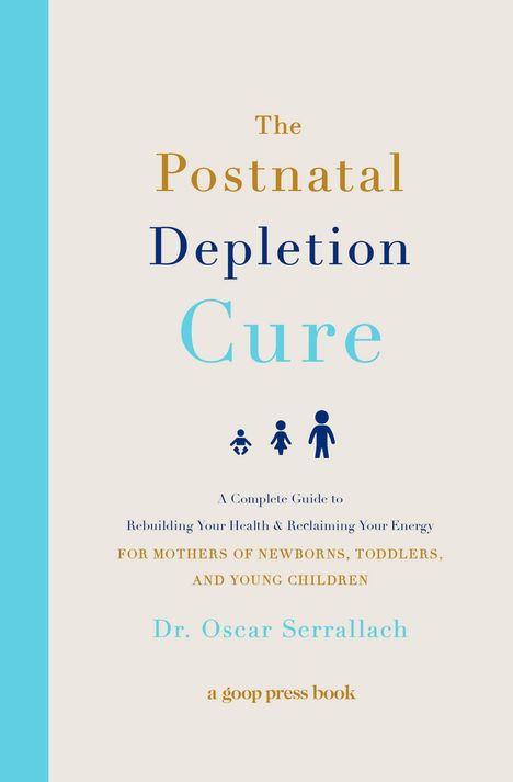 "The Postnatal Depletion Cure" von Dr. Oscar Serrallach. Drei stilisierte Figuren: ein Baby, ein Kind und ein Erwachsener.