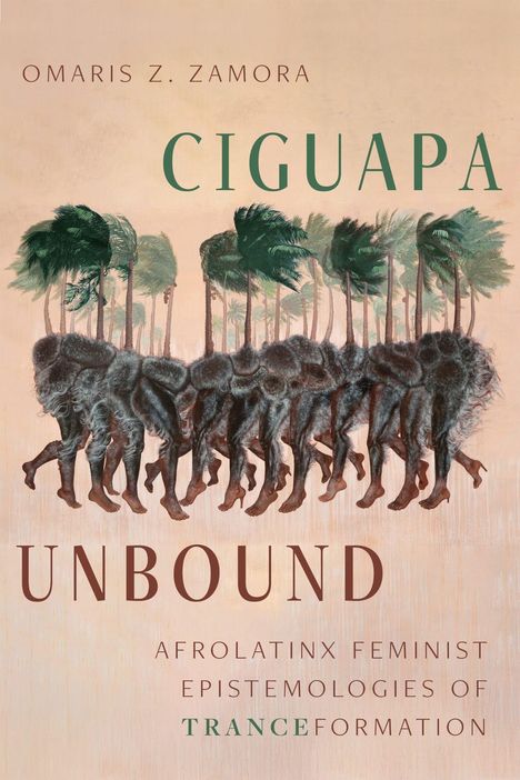 Text: "Omaris Z. Zamora, Ciguapa Unbound, AfroLatinx Feminist Epistemologies of Transformation." Illustration von Figuren mit Palmen.
