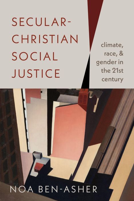 "SECLAR-CHRISTIAN SOCIAL JUSTICE" und "climate, race, & gender in the 21st century". Geometrische Stadt-Illustration.