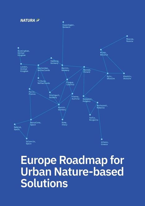 Text: "NATURA", "Europe Roadmap for Urban Nature-based Solutions". 

Illustration eines Netzwerks von Städten in Europa.