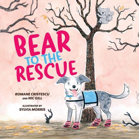 "BEAR TO THE RESCUE". Ein Hund mit blauen Westen und roten Stiefeln, ein Baum und zwei Koalas. Illustration.