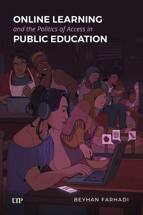 „Online Learning and the Politics of Access in Public Education“. Menschen arbeiten und lernen in verschiedenen Szenen.