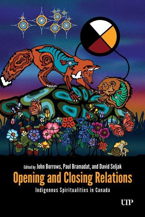 Titel: "Opening and Closing Relations". Untertitel: "Indigenous Spiritualities in Canada". Zwei Tiere auf einem bunten, floralen Hintergrund.