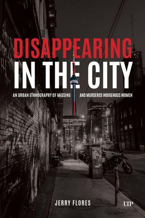 "DISAPPEARING IN THE CITY" von Jerry Flores. Schwarz-weiß Straßenansicht bei Nacht mit Motorrädern und Graffiti.