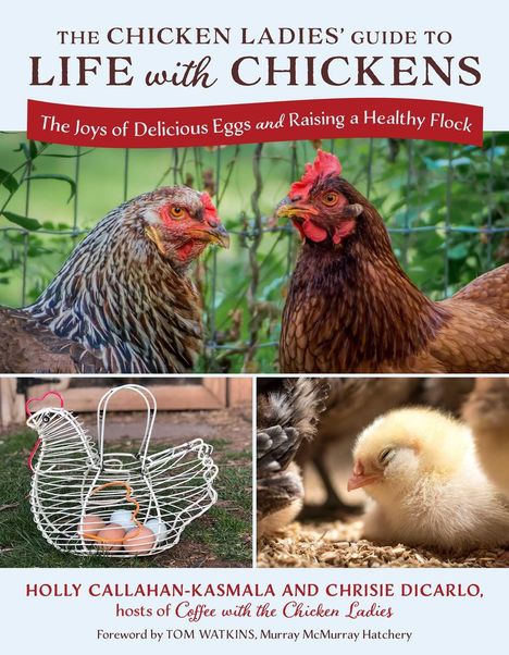 "The Chicken Ladies' Guide to Life with Chickens," oben Hühner, unten ein Drahtkorb mit Eiern, rechts ein Küken.