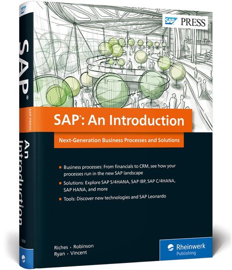 Buchtitel: "SAP: An Introduction". Themen: Geschäftsprozesse, Lösungen und Tools. Rheinwerk Publishing. Illustration: moderne Architektur.