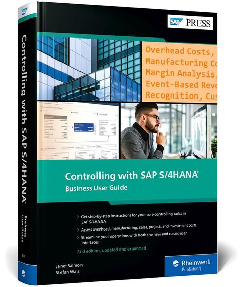 Buchcover: "Controlling with SAP S/4HANA: Business User Guide". Moderne Gebäude, Mann am Computer, SAP PRESS Logo.