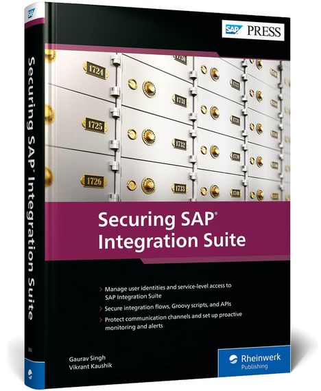 Buchtitel: "Securing SAP Integration Suite". Buchcover zeigt Tresorfächer mit goldenen Zahlenschlössern.