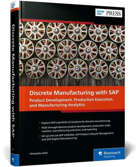 „Discrete Manufacturing with SAP“, ein Buchcover mit rotierenden Maschinenteilen und SAP Press-Logo.