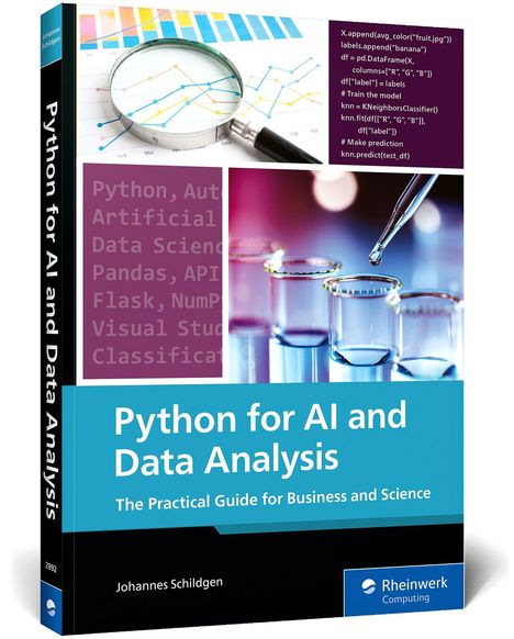 "Python for AI and Data Analysis", Diagramm mit Lupe, Reagenzgläser mit Pipette, Buch von Johannes Schildgen, Rheinwerk.