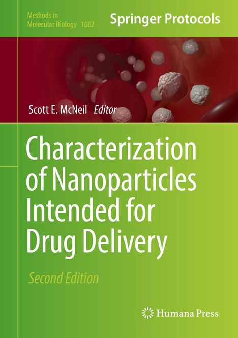 "Characterization of Nanoparticles Intended for Drug Delivery, Second Edition." Grüner Hintergrund, molekulare Darstellung.