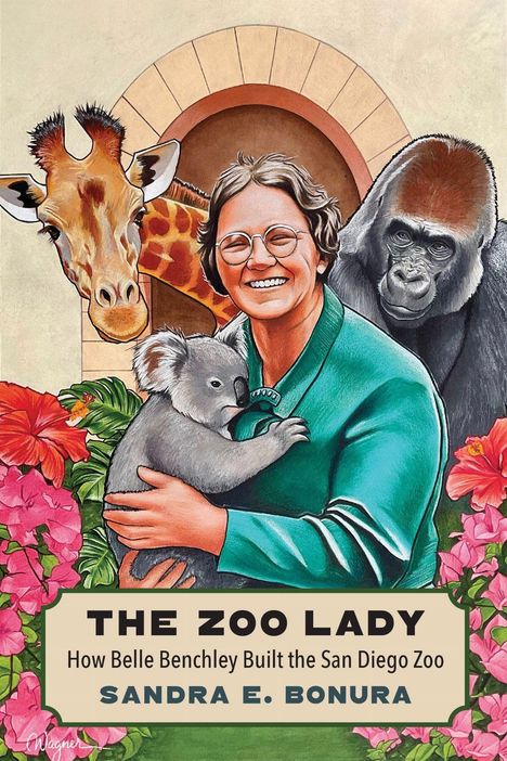 Eine Illustration mit einer Frau, die einen Koala hält, flankiert von einer Giraffe und einem Gorilla.