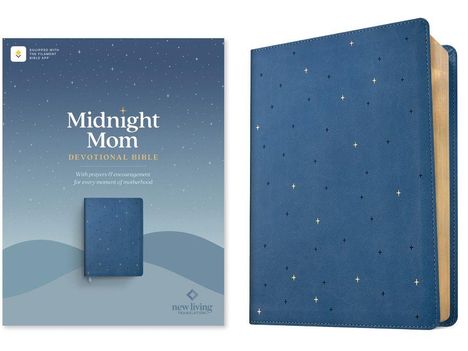 "Midnight Mom Devotional Bible" steht in weißem Text, abgebildet ist eine blaue Bibel mit kleinen, kreuzförmigen Goldakzenten.