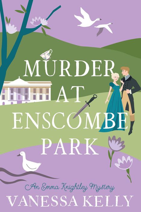 „Murder at Enscombe Park“, eine Illustration, zeigt ein Paar in eleganter Kleidung, Natur und eine stilisierte Villa.