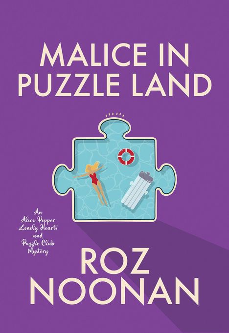 "Malice in Puzzle Land" von Roz Noonan. Illustration: Puzzle-Stück als Pool mit Schwimmerin, Ring und Luftmatratze.
