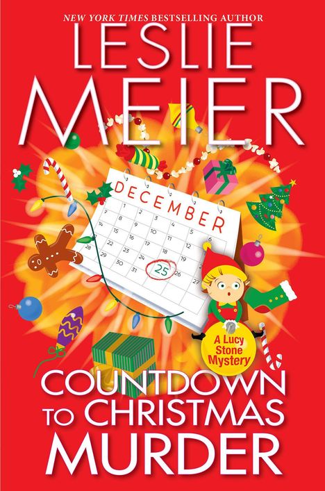 "COUNTDOWN TO CHRISTMAS MURDER" steht groß auf rotem Hintergrund. Weihnachtliche Illustrationen umgeben einen Kalender.
