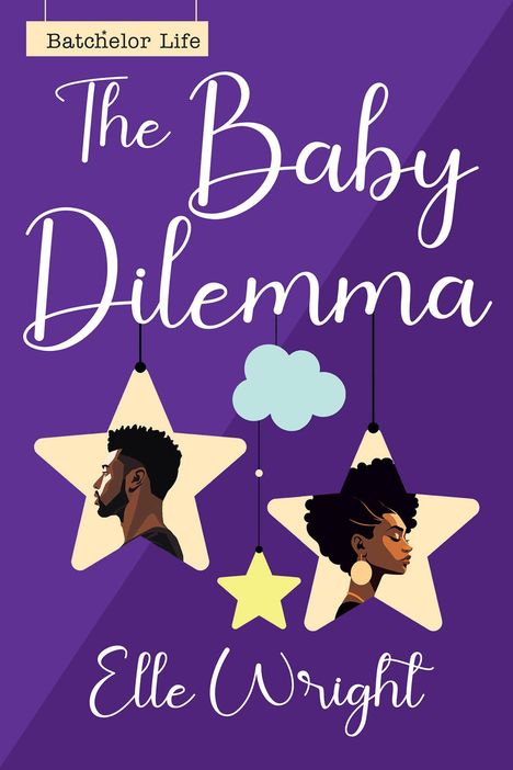 „Batchelor Life. The Baby Dilemma. Elle Wright.“ Zwei Profilillustrationen in Sternen, verbunden durch Wolke.