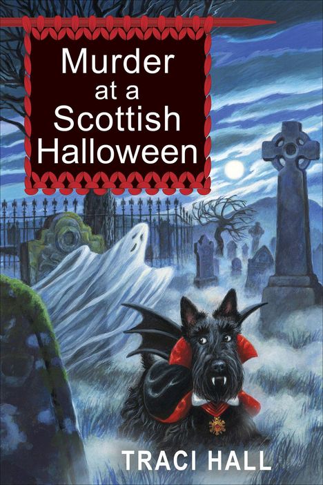 "Murder at a Scottish Halloween". Ein Hund mit Fledermausflügeln und Vampirumhang in einem nebligen Friedhof bei Vollmond.